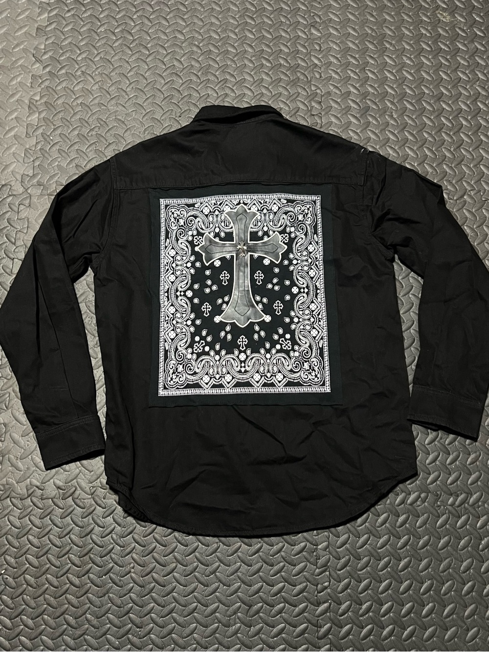 Black Long-Sleeve Button-Down Shirt with White Cross Bandana Panel